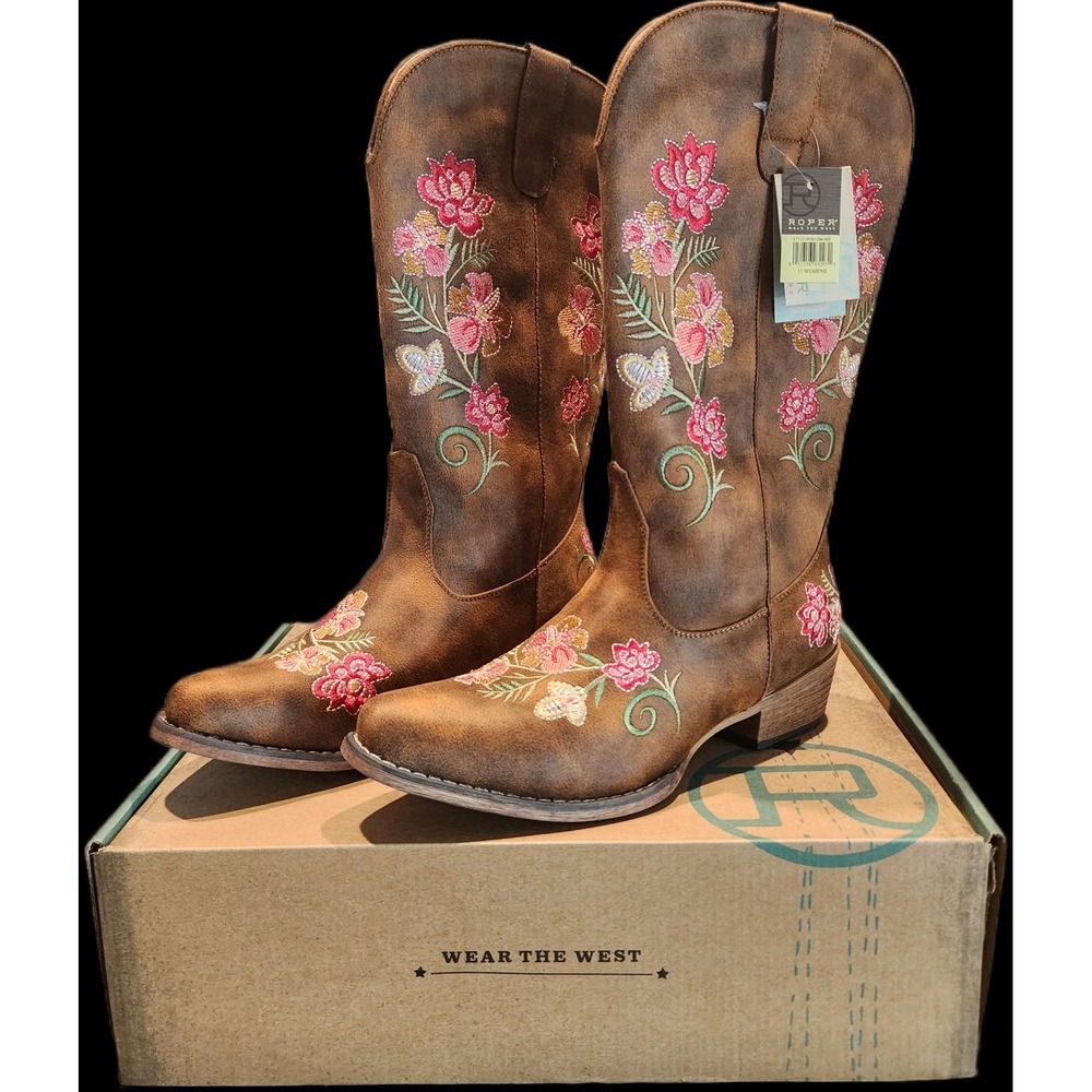 Roper Womens Riley Floral Embroidery Tan Western Boots Size 11